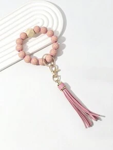 New Arrival Cute Tassel Keychain Bracelet Beaded Plaid Diy Handmade Keyring A Wooden Decorative Keychain Accessory For Phone, Car, Gift For Valentine'S Day, Anniversary, Birthday, Festival. A Creative Gift For Girlfriend, Friend - Multicolor - View 19