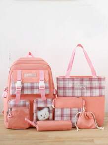 5 件裝帶熊頭卡哇伊背包套裝,格子圖案書包帶手提包和斜挎包和鉛筆盒和抽繩錢包格子圖案背包套裝,學院風書包帶手提包和斜挎包和鉛筆盒 - 粉色 - 查看 1