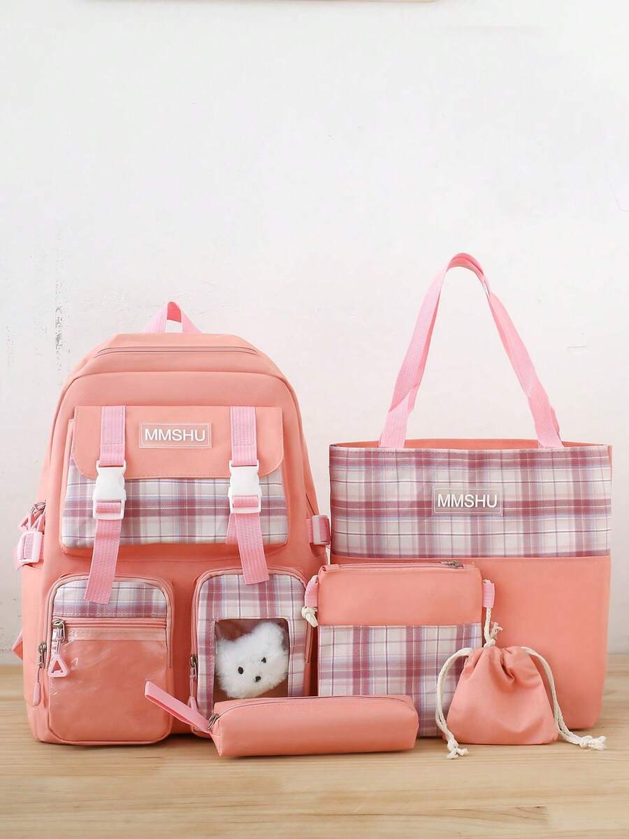 5 件裝帶熊頭卡哇伊背包套裝,格子圖案書包帶手提包和斜挎包和鉛筆盒和抽繩錢包格子圖案背包套裝,學院風書包帶手提包和斜挎包和鉛筆盒 - 粉色 - 查看 1