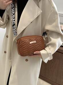 Classic Quilted Square Crossbody Bag, All-Match Zipper Purse With Wide Strap, All-Match Shoulder Bag - Brown - View 2