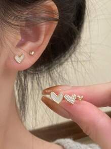 3pcs/Set Simple Heart & Rhinestone Stud Earrings For Women Valentines