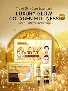 Beauty Host 1 Set Travel Size 24K Gold Skin Care Kit, Luxury 4-Piece Mini Gift Set For Women, With Gold Serum/ Collagen Eye Mask/ Facial Scrub/ Gold Mud Mask/Under Eye Patch, Wrinkle Smooth Anti Oxidant And Purifying Skin - Gold - View 2