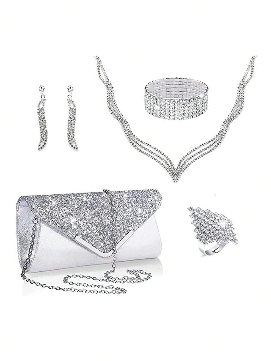 Damski Stylowy Cyrkonie Udekorowany Torba wieczorowa , Kopertówka Komplety Biżuterii Z Pełna cyrkonia Pazur Łańcuch , Frędzle Bransoletki , Kolczyki , Naszyjnik choker , I Pierścień Na imprezę