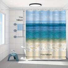1pc Anti-Mildew Waterproof Peva Blue Beach Themed Shower Curtain With Metal Eyelets + 12 Shower Curtain Rings Included Bathroom Decor Fall Decor Bathroom Accessories Back To School - Blue - View 2