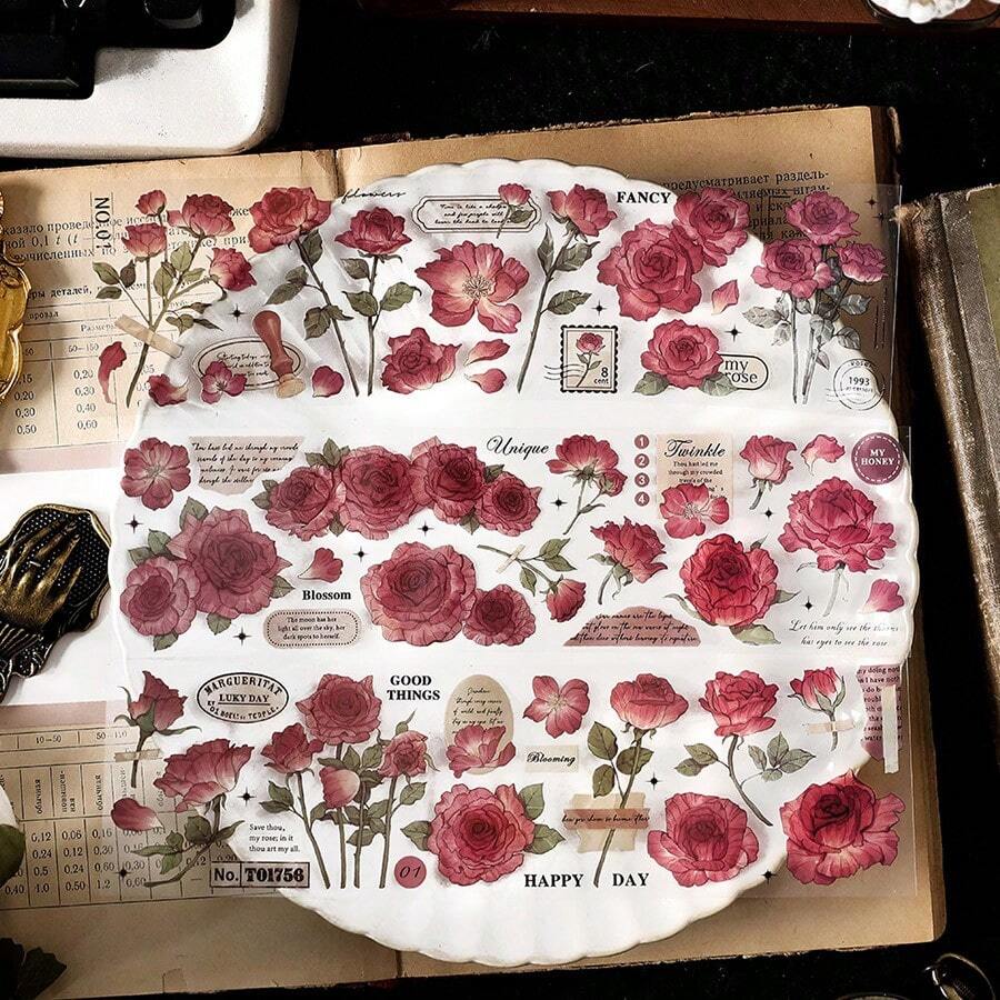 1包裝3入組復古花卉剪貼簿貼紙,用於日誌裝飾、diy手工藝品、節日禮物 - 紅色 - 查看 1