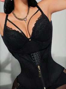 1 件女用乳膠腰部緊身胸衣,搭配高壓縮帶的腰部訓練器,產後減肥塑身衣 - 黑色 - 查看 2