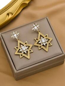 1pair Japan-Korean Style Printed High-Grade Heart Shaped Striped Diamond & Multi-Angle Star Shaped Earrings, Suitable For Daily Wear By Women - Golden a - View 5