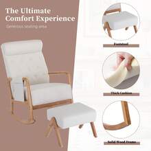 HOMEFUN Rocking Chair With Ottoman Mid-Century Modern Upholstered Fabric Rocking Armchair Rocking Chair Nursery With Thick Padded Cushion High Backrest Accent Glider Rocker Chair For Living Room - 米色 - 查看 2