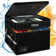 Fireproof File Box With Lock, 2 Layer Fireproof Document Organizer Box, Portable Office Collapsible File Cabinet With Reflective Strip File Organizer For Hanging Legal/Letter Folder Certificate - Black - View 1