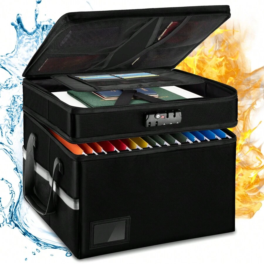 Fireproof File Box With Lock, 2 Layer Fireproof Document Organizer Box, Portable Office Collapsible File Cabinet With Reflective Strip File Organizer For Hanging Legal/Letter Folder Certificate - Black - View 1