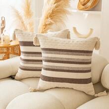 1pc Home Decor Polyester Jacquard Pillow Cover In Beige, Suitable For All Seasons - 1 Beige Bottom Horizontal Striped Pillowcase - View 1
