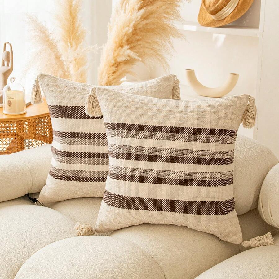1pc Home Decor Polyester Jacquard Pillow Cover In Beige, Suitable For All Seasons - 1 Beige Bottom Horizontal Striped Pillowcase - View 1