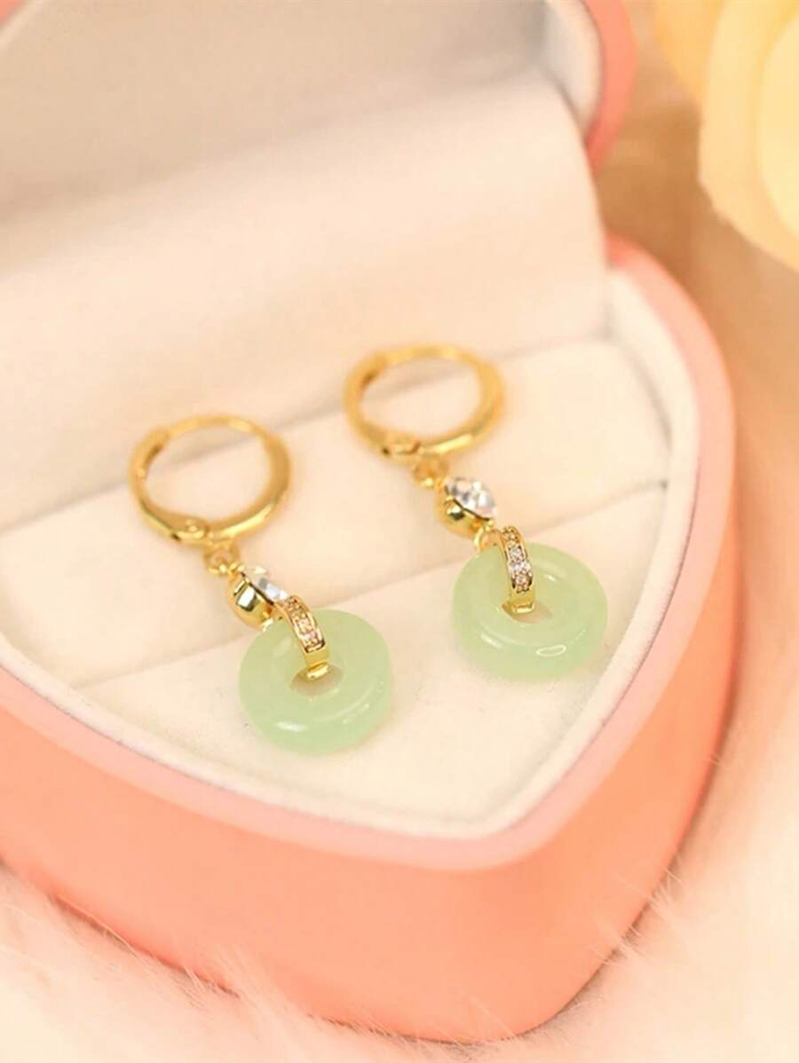 2pcs/Set Vintage Peaceful Jade Earrings With Tassel, Versatile Retro