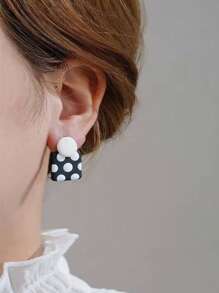 1pair Asymmetrical Square & Circle Black & White Geometric Design Simple & Fashionable Earrings For Women's Jewelry - Multicolor - View 7