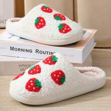 女款卡通可愛保暖拖鞋,秋冬季節,保暖,防滑,舒適暖和,毛茸茸內裡 - 草莓 - 查看 4