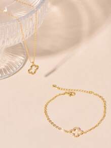 1set Flower Design Necklace & Bracelet, Birthday/Holiday Gift Set For Girlfriend - Yellow Gold - View 3