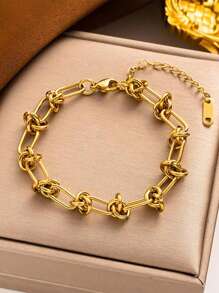 2pcs/Set Fashionable Gold Plated Stainless Steel Knotted Bracelet And Necklace, Heavy Metal Hip-Hop Punk Bar Chain Jewelry Set, Unisex, Suitable For Daily Wear - Bracelet + Necklace 2 Piece Set - View 5