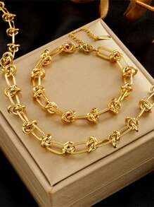 2pcs/Set Fashionable Gold Plated Stainless Steel Knotted Bracelet And Necklace, Heavy Metal Hip-Hop Punk Bar Chain Jewelry Set, Unisex, Suitable For Daily Wear - Bracelet + Necklace 2 Piece Set - View 1