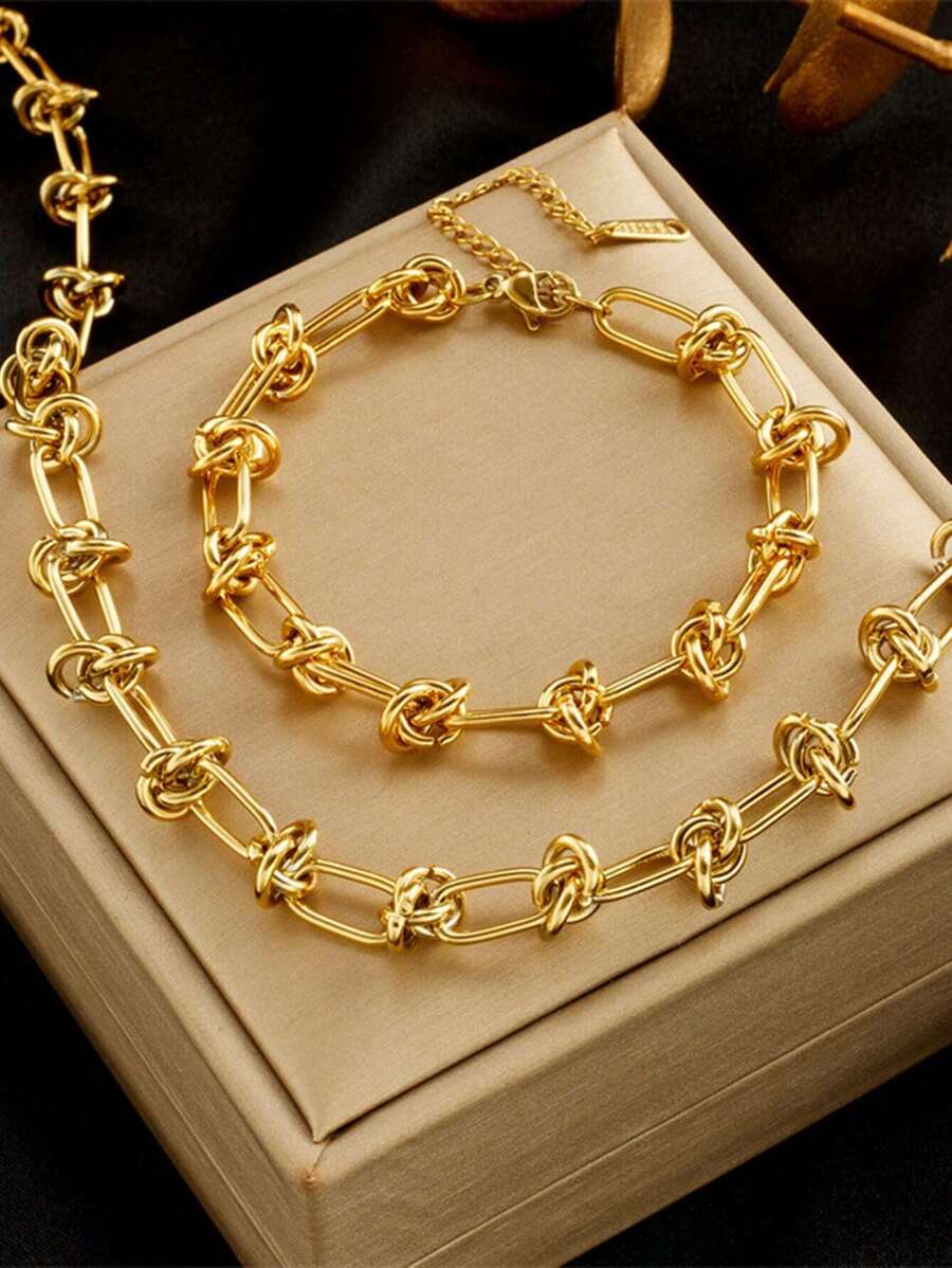 2pcs/Set Fashionable Gold Plated Stainless Steel Knotted Bracelet And Necklace, Heavy Metal Hip-Hop Punk Bar Chain Jewelry Set, Unisex, Suitable For Daily Wear - Bracelet + Necklace 2 Piece Set - View 1
