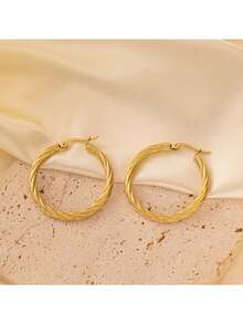 1pair Gold Stainless Steel Geometric Weave Metal Earrings, Unique Design With Luxury And Fashionable Style, Suitable For Daily Activities, For Women - Yellow Gold - View 5