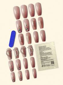 強化您的外觀,y2k 24件手工製作的3d繪畫超光澤按壓式美甲長芭蕾粉色閃亮心形圖案時尚豪華風格的假指甲,具有水晶閃耀的閃石,可重複使用的假指甲,適合女性 - 粉色 - 查看 3