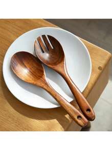 2入組日式木製湯匙和叉子,相思木烹調湯匙,沙拉上菜用的湯匙和叉子,適用於家庭使用 - 薑色 - 查看 5