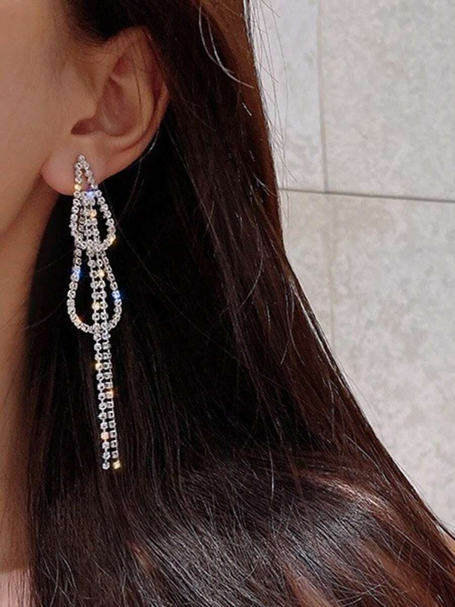 Dellgoo 2入組復古誇張長流蘇＆全鑲鑽飾釘式耳環,適用於女性 - 銀色 - 查看 1