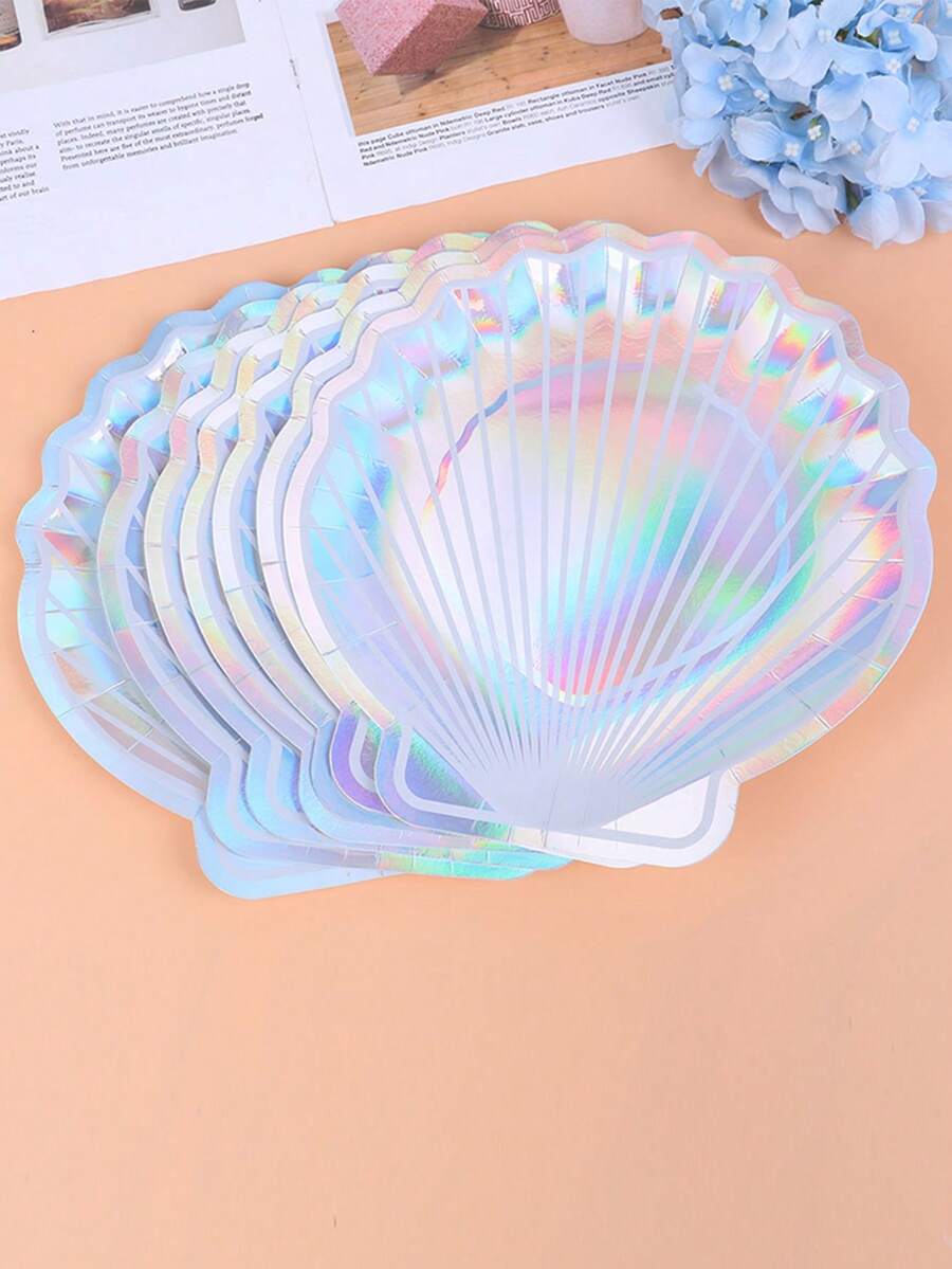 8pcs Disposable Paper Party Plates, Seashell Design, Party Supplies - Silver - View 1