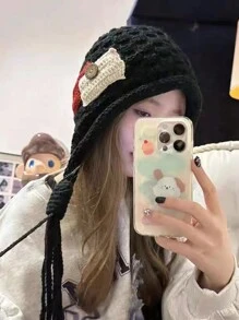 1pc Unisex Winter Knitted Ear Protection Hat, Japanese Style Red Braided Tassel Beanie, Suitable For Outdoor Activities And Leisure In Spring And Autumn - Beige - View 1