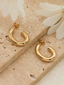 1Pair/2Pcs Gold Color  Fashionable Personalized And Exquisite Geometric C-Shaped Stainless Steel Women's Earrings - Gold - View 3