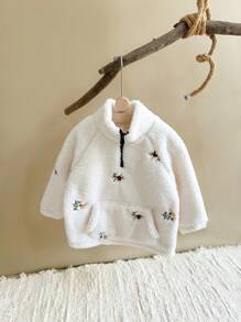 嬰兒女孩精美花朵刺繡羊皮羊毛立領夾克,經典針織拉甘袖,拉鍊設計,厚實保暖冬季 - 白色 - 查看 4