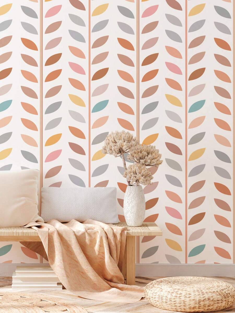 SUPSTICKER 1卷几何涂鸦手绘树叶图案即撕即贴壁纸加厚防潮家居装修美化墙纸撕不留残胶，三种尺寸可选：15.75X47.24/15.75X118.11/15.75X196.85英寸，装修贴纸即撕墙板，墙纸，壁纸，春季装饰用品刷新你的家，拉玛装饰贴纸 - 彩色 - 查看 1