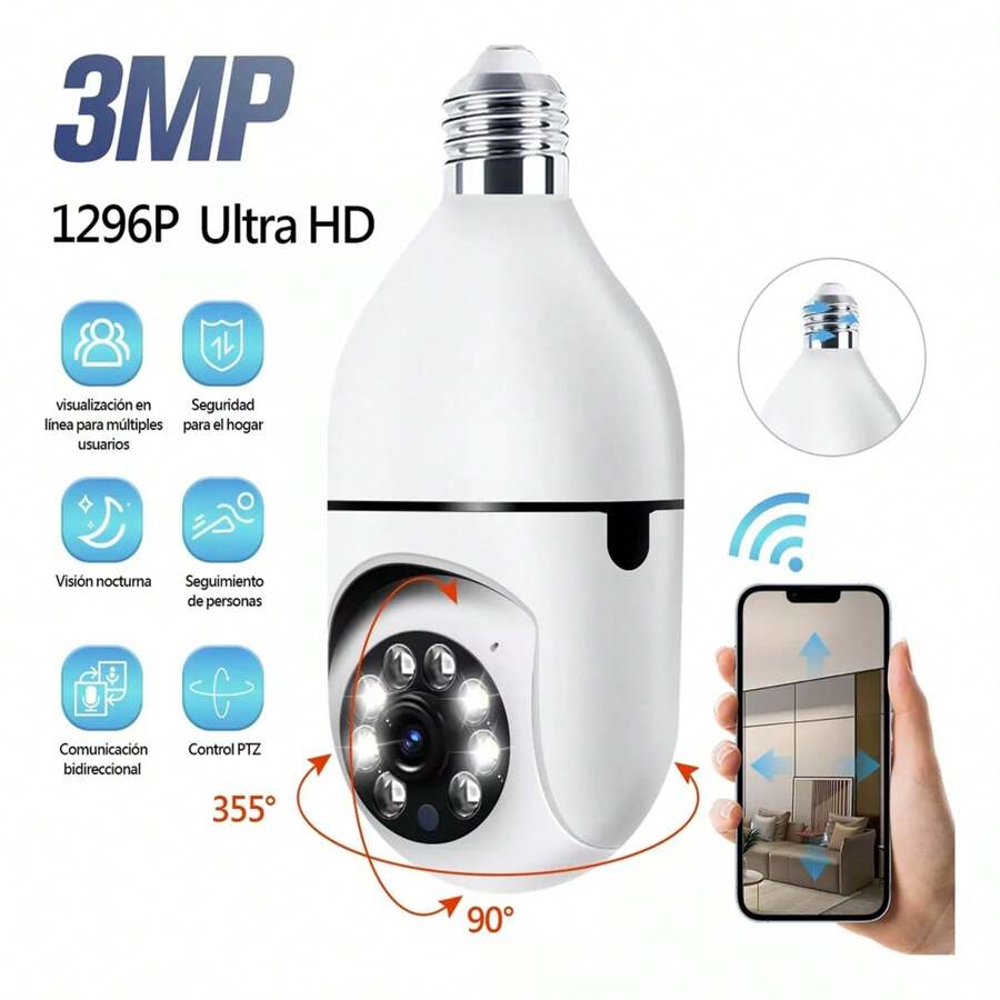Bombilla Inteligente E27 con Cámara WiFi 2.4G, Visión Nocturna, Audio Bidireccional, Lente Gran Angular, Video en Tiempo Real, Monitoreo Remoto y Compatibilidad con Asistente de Voz, no Incluye Tarjeta SD, Almacenamiento en la Nube con Carga Adicional