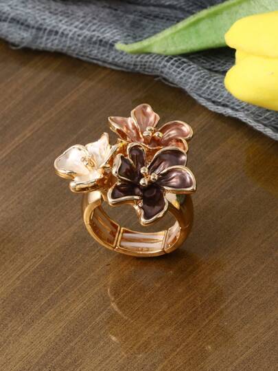 SophiaXuan 1pc Bohemian Style Elastic Epoxy Resin & Zinc Alloy Ring With Colored Geometric Flowers Design Suitable For Women As Anniversary, Birthday Gift Valentines,Mom,Mother,Mother's Day,Gift