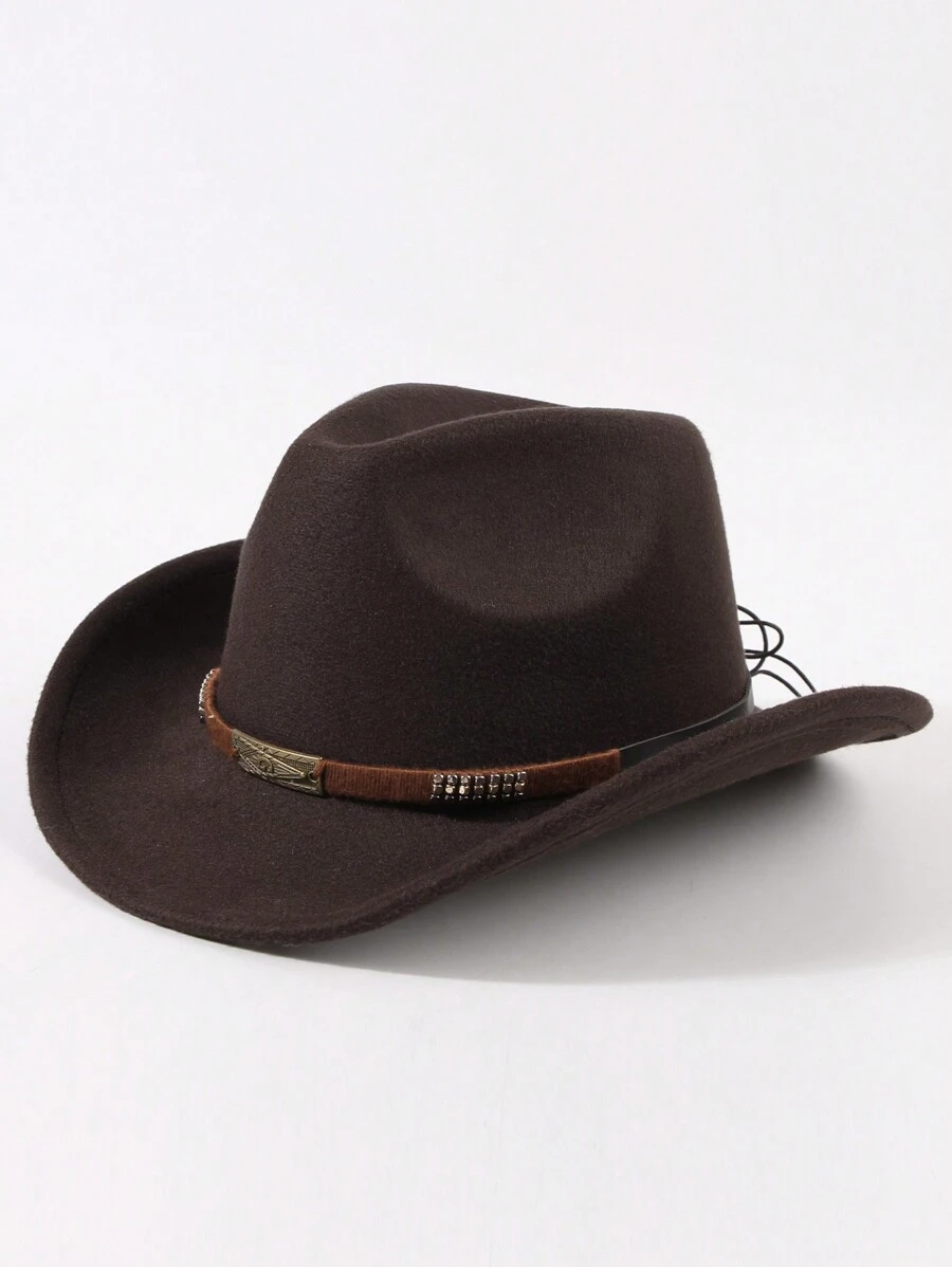 Vintage 1pc Lady's Coffee Brown Fashion Metal Weaved Band Fedora Hat, Casual Western Style, Suitable For Daily Use - Coffee Brown - View 1