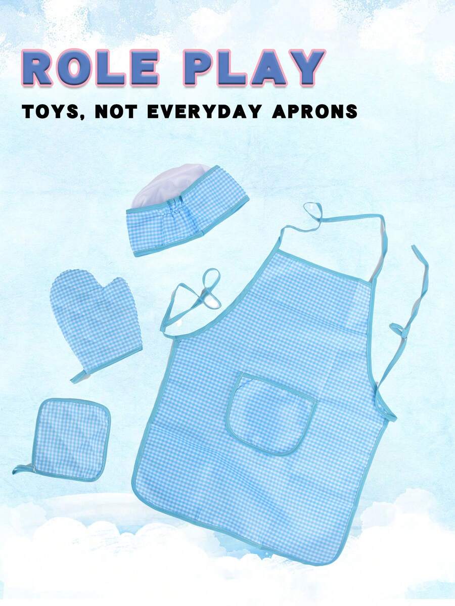 1件藍色格紋圍裙,兒童假扮玩具,適用於萬聖節和聖誕節禮物,幼稚園和嬰兒展覽會上角色扮演的兒童廚師服裝和厨房玩具圍裙和帽子 - 藍色 - 查看 1