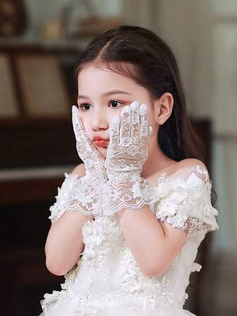 1pc Kids Lace Princess Finger Gloves For Girls, Children Wedding Dress Accessories, Dance Performance, Halloween, Christmas