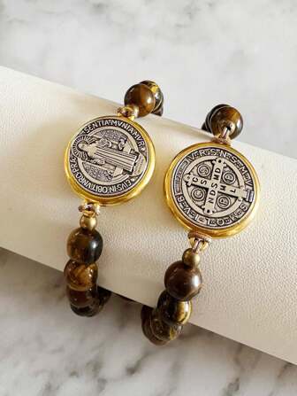 2Pcs San Benito Bracelets Tigher Eye Adjustable Bracelet For Men Girls Boys The Saint Benedict Medal Pendant Protection Blessing Charm Catholic San Benito Handmade Matching Bracelets Couples Valentine Day Gift