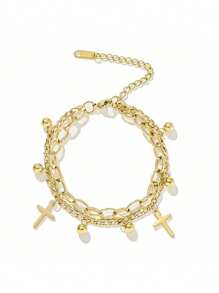 1pc Fashionable Stainless Steel Double Layer Cross Bracelet & Anklet