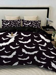 3入組黑白飛蝙蝠涤纶被套套裝 - 舒適溫馨的臥室和宿舍寢具（包括1個被套和2個枕套，不含內芯） - 黑與白 - 查看 5