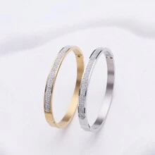 1pc Women'S Simple & Fashionable Tri-Row Rhinestone Decor Stainless Steel Bangle Bracelet - Gold - View 2