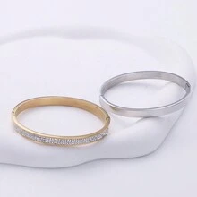 1pc Women'S Simple & Fashionable Tri-Row Rhinestone Decor Stainless Steel Bangle Bracelet - Gold - View 3
