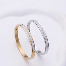 1pc Women'S Simple & Fashionable Tri-Row Rhinestone Decor Stainless Steel Bangle Bracelet - Gold - View 1
