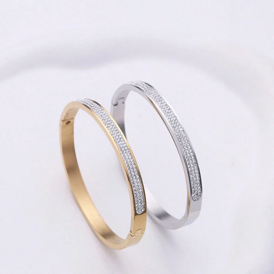 1pc Women'S Simple & Fashionable Tri-Row Rhinestone Decor Stainless Steel Bangle Bracelet - Gold - View 1