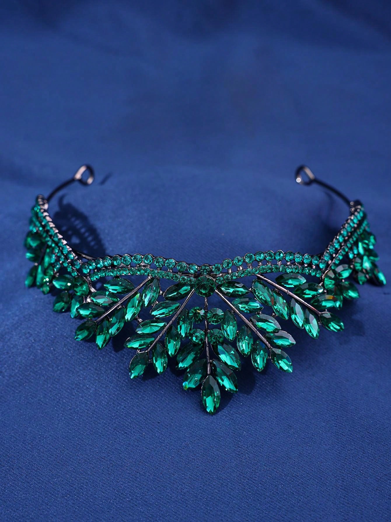 1pc Elegant Green Crystal & Blue Luxury Bridal Crown Set For Wedding
