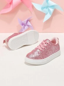 粉紅色閃粉懶人鞋,閃閃發光兒童低頂時尚戶外休閒運動運動鞋,帶鞋帶,適合女孩禮物派對生日聖誕萬聖節 - 粉色 - 查看 4