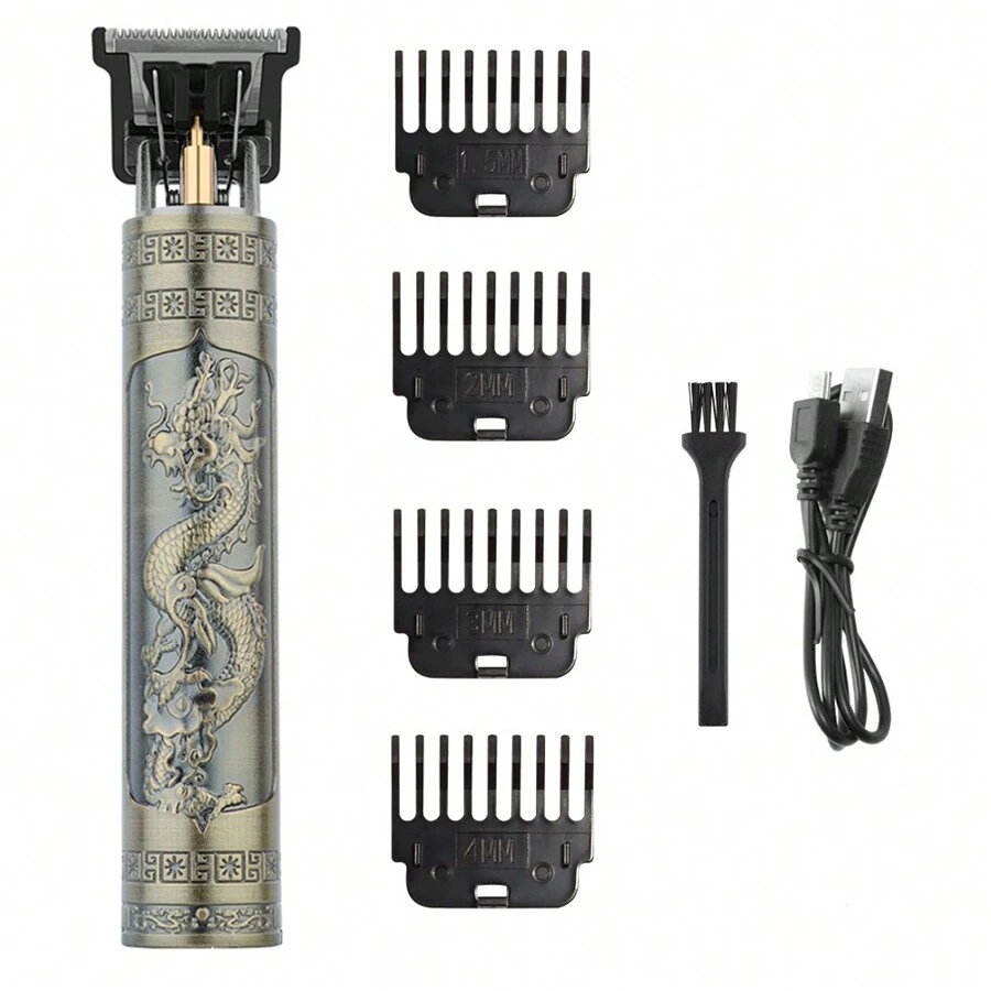 T9 Hair Clipper, Men's Trimmer, Abs Casing, Bronze Color, Dragon Pattern, 0mm Cutting Length - Bronze - View 1