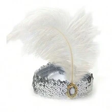 1920年代復古配件套裝,羽毛頭飾,假珍珠項鍊,手鐲,煙管,長統襪,手套,耳墜,摺疊扇,羽毛織帶頸巾,amazing Gatsby風格配件 - 黑色 - 查看 2