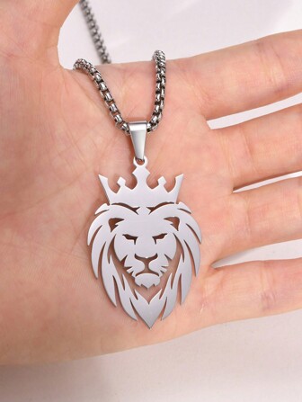 時尚簡約銀色不鏽鋼鏤空獅頭吊墜項鍊皇冠鏈,適合男士日常佩戴,作為男士禮物