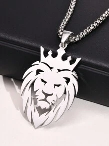 Collier Pendentif En Acier Inoxydable Argenté Simple Et Élégant Avec Tête De Lion Creux Et Chaîne De Couronne, Adapté Aux Hommes Pour Une Utilisation Quotidienne, Comme Cadeau Pour Les Hommes